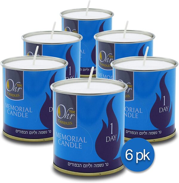 Ohr 1 Day Yahrzeit Candle - 6 Pack - 24 Hour Kosher Yahrtzeit Candle Memorial and Yom Kippur Candle in Tin Cup Holder…